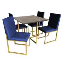 Kit Mesa de Jantar Thales com 4 Cadeiras Sttan Ferro Dourado Tampo Marmorizado Cinza Suede Azul Marinho - Ahz Móveis