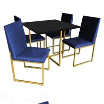 Kit Mesa de Jantar Thales com 4 Cadeiras Sttan Ferro Dourado Tampo Preto Sintético Azul Marinho - Ahz Móveis