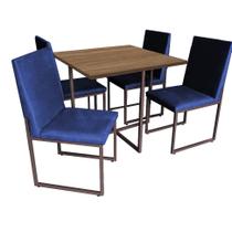 Kit Mesa de Jantar Thales com 4 Cadeiras Sttan Ferro Marrom Tampo Castanho Suede Azul Marinho - Ahz Móveis