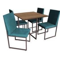 Kit Mesa de Jantar Thales com 4 Cadeiras Sttan Ferro Marrom Tampo Castanho Suede Azul Turquesa - Ahz Móveis