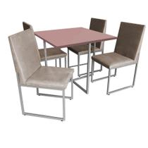 Kit Mesa de Jantar Thales com 4 Cadeiras Sttan Ferro Prata Tampo Rose Rosa Suede Bege - Ahz Móveis