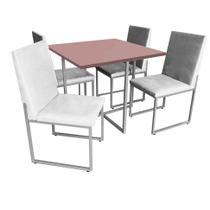 Kit Mesa de Jantar Thales com 4 Cadeiras Sttan Ferro Prata Tampo Rose Rosa Suede Branco - Ahz Móveis