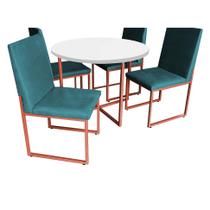 Kit Mesa de Jantar Theo com 4 Cadeiras Sttan Ferro Bronze Tampo Branco Suede Azul Turquesa - Ahz Móveis
