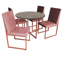 Kit Mesa de Jantar Theo com 4 Cadeiras Sttan Ferro Bronze Tampo Marmorizado Cinza Suede Rose Gold - Ahz Móveis