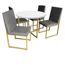 Kit Mesa de Jantar Theo com 4 Cadeiras Sttan Ferro Dourado Tampo Branco Suede Cinza - Ahz Móveis