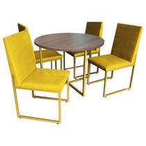 Kit Mesa de Jantar Theo com 4 Cadeiras Sttan Ferro Dourado Tampo Caramelo Suede Amarelo - Ahz Móveis