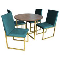 Kit Mesa de Jantar Theo com 4 Cadeiras Sttan Ferro Dourado Tampo Castanho Suede Azul Turquesa - Ahz Móveis
