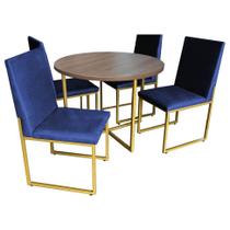 Kit Mesa de Jantar Theo com 4 Cadeiras Sttan Ferro Dourado Tampo Imbuia Suede Azul Marinho - Ahz Móveis