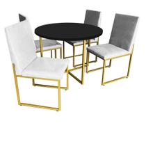 Kit Mesa de Jantar Theo com 4 Cadeiras Sttan Ferro Dourado Tampo Preto Suede Branco - Ahz Móveis