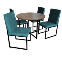 Kit Mesa de Jantar Theo com 4 Cadeiras Sttan Ferro Preto Tampo Castanho Suede Azul Turquesa - Ahz Móveis