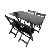 Kit Mesa de Madeira 1,20x70 Retangular Dobrável com 4 Cadeiras Qualidade para Área de Lazer - Preto