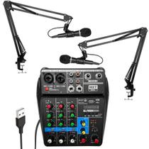 Kit Mesa De Som Mx-4bt 4 Canais Interface + 2 Microfones Articulados Home Studio Podcast