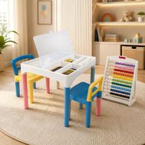Kit Mesa Didática Infantil 2 Cadeiras e Ábaco com Compartimento para Guardar Materiais Tampo que Abre Mesa Educativa Est - Kit Mesa Didática Infantil 2 Cadeiras e Ábaco com Compartimento para Guardar Materiais Tampo que Abre Mesa Educativa Est -