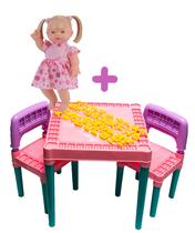 Kit Mesa Didática Infantil + Boneca Cabelo Loiro Elisi Frase