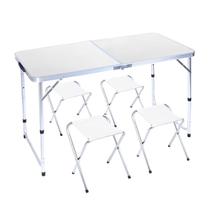 Kit Mesa Dobrável Portátil Que Vira Maleta Para Camping Praia Leve Alumínio 120cm Branca 4 Bancos