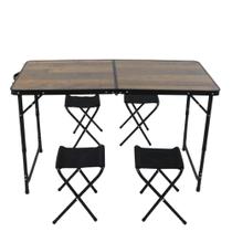 Kit Mesa Dobrável Portátil Que Vira Maleta Para Camping Praia Leve Alumínio 120cm Madeira + 4 Banquinhos Dobráveis