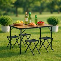 Kit Mesa Dobrável Portátil Que Vira Maleta Para Camping Praia Leve Alumínio 120cm Madeira + 4 Banquinhos Dobráveis