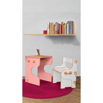 Kit Mesa e Cadeira Infantil de Encaixe Quebra Cabeça - Branco/Rosa