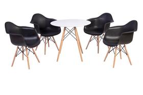 Kit Mesa Eiffel Branca 80cm + 4 Cadeiras Charles Eames Wood - Daw - Com Braços - Design Preta