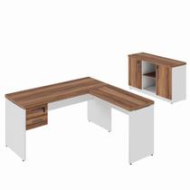 Kit Mesa Escritório em "L" 1,50x0,60m c/ Gavetas + Armário Baixo Credenza - WORKSTART - NOGAL SEVILHA/BRANCO - 34337