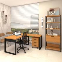 Kit Mesa Escritório em L Com Gaveteiro + Estante 1 Porta MDF