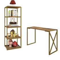 Kit Mesa Escrivaninha Bex Com Livreiro Multiuso Industrial Ferro Dourado MDF Castanho - Ahazzo Móveis