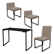 Kit Mesa Escrivaninha com Cadeira Stan e 2 Poltronas Lee Tampo Preto Ferro Preto material sintético Bege - Ahz Móveis