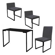 Kit Mesa Escrivaninha com Cadeira Stan e 2 Poltronas Lee Tampo Preto Ferro Preto Tecido Sintético Cinza - Ahz Móveis