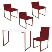 Kit Mesa Escrivaninha com Cadeira Stan e 3 Poltronas Lee Tampo Branco Ferro Bronze Suede Vermelho - Ahz Móveis