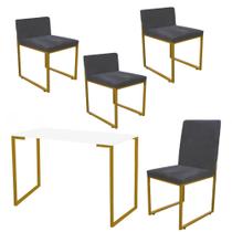 Kit Mesa Escrivaninha com Cadeira Stan e 3 Poltronas Lee Tampo Branco Ferro Dourado material sintético Cinza - Ahz Móveis
