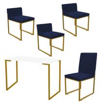 Kit Mesa Escrivaninha com Cadeira Stan e 3 Poltronas Lee Tampo Branco Ferro Dourado Suede Azul Marinho - Ahz Móveis