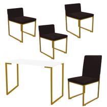 Kit Mesa Escrivaninha com Cadeira Stan e 3 Poltronas Lee Tampo Branco Ferro Dourado Suede Marrom - Ahz Móveis