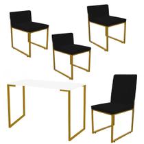 Kit Mesa Escrivaninha com Cadeira Stan e 3 Poltronas Lee Tampo Branco Ferro Dourado Tecido Sintético Preto - Ahz Móveis