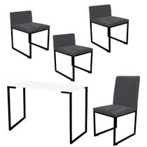 Kit Mesa Escrivaninha com Cadeira Stan e 3 Poltronas Lee Tampo Branco Ferro Preto Tecido Sintético Cinza - Ahz Móveis