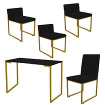 Kit Mesa Escrivaninha com Cadeira Stan e 3 Poltronas Lee Tampo Preto Ferro Dourado Tecido Sintético Preto - Ahz Móveis