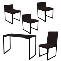Kit Mesa Escrivaninha com Cadeira Stan e 3 Poltronas Lee Tampo Preto Ferro Preto Suede Marrom - Ahz Móveis