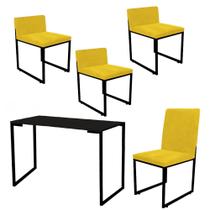 Kit Mesa Escrivaninha com Cadeira Stan e 3 Poltronas Lee Tampo Preto Ferro Preto Tecido Sintético Amarelo - Ahz Móveis