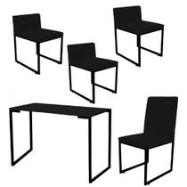 Kit Mesa Escrivaninha com Cadeira Stan e 3 Poltronas Lee Tampo Preto Ferro Preto Tecido Sintético Preto - Ahz Móveis