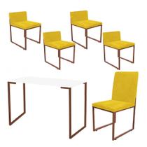 Kit Mesa Escrivaninha com Cadeira Stan e 4 Poltronas Lee Tampo Branco Ferro Bronze Tecido Sintético Amarelo - Ahz Móveis