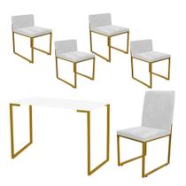 Kit Mesa Escrivaninha com Cadeira Stan e 4 Poltronas Lee Tampo Branco Ferro Dourado material sintético Branco - Ahz Móveis