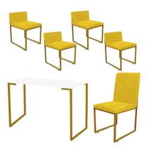 Kit Mesa Escrivaninha com Cadeira Stan e 4 Poltronas Lee Tampo Branco Ferro Dourado Tecido Sintético Amarelo - Ahz Móveis