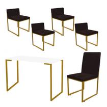 Kit Mesa Escrivaninha com Cadeira Stan e 4 Poltronas Lee Tampo Branco Ferro Dourado Tecido Sintético Marrom - Ahz Móveis