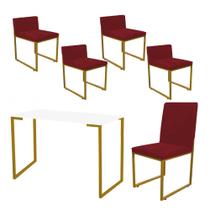 Kit Mesa Escrivaninha com Cadeira Stan e 4 Poltronas Lee Tampo Branco Ferro Dourado Tecido Sintético Vermelho - Ahz Móveis