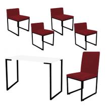 Kit Mesa Escrivaninha com Cadeira Stan e 4 Poltronas Lee Tampo Branco Ferro Preto Tecido Sintético Vermelho - Ahz Móveis