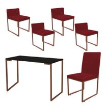 Kit Mesa Escrivaninha com Cadeira Stan e 4 Poltronas Lee Tampo Preto Ferro Bronze Tecido Sintético Vermelho - Ahz Móveis