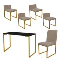Kit Mesa Escrivaninha com Cadeira Stan e 4 Poltronas Lee Tampo Preto Ferro Dourado material sintético Bege - Ahz Móveis