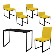 Kit Mesa Escrivaninha com Cadeira Stan e 4 Poltronas Lee Tampo Preto Ferro Preto material sintético Amarelo - Ahz Móveis
