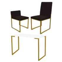 Kit Mesa Escrivaninha com Cadeira Stan e Poltrona Lee Tampo Branco Ferro Dourado Tecido Sintético Marrom - Ahz Móveis