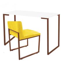 Kit Mesa Escrivaninha Stan e Cadeira Lee Industrial Escritório Tampo Branco Bronze Suede Amarelo - Ahz Móveis