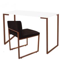 Kit Mesa Escrivaninha Stan e Cadeira Lee Industrial Escritório Tampo Branco Bronze Tecido Sintético Marrom - Ahz Móveis